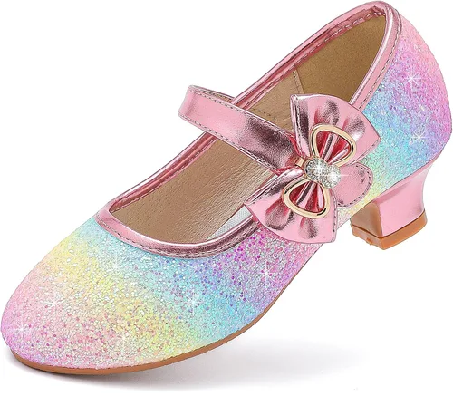 Dufannie Zapatos de vestir para niñas, zapatos de tacón bajo de princesa, zapatos planos con purpurina para bodas y fiestas