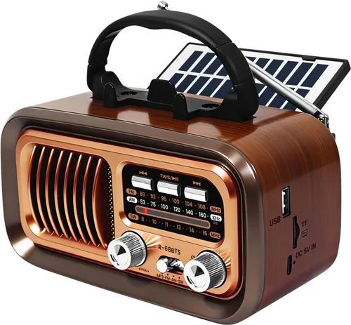 Radio portátil vintage con Bluetooth y TWS, recepción AM/FM/SW, batería solar/D/carga USB, reproductor de MP3, soporte para tarjeta TF y soporte