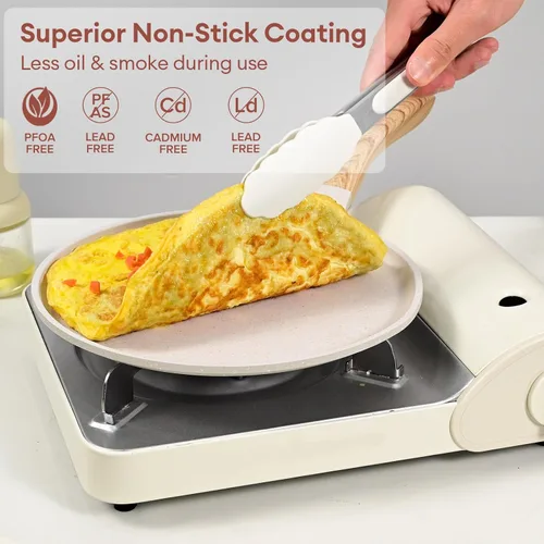 Miniatura 3 de JEETEE Sartén para crepas antiadherente, 11 pulgadas Comales para tortillas plancha para estufa, revestimiento de granito, sartén plana para Beige