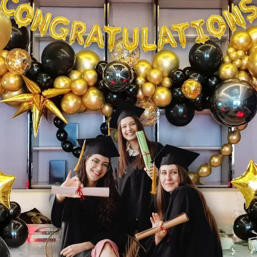 Miniatura 4 de Paquete de 50 globos de látex metálicos negros y dorados de 12 pulgadas con 1 rollo de cinta para decoración de cumpleaños, graduación, celebración