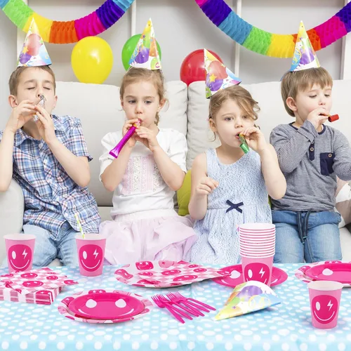 Miniatura 6 de durony 144 Piezas Decoraciones de Cumpleaños Preppy Cara Sonriente Rosa Juego de Vajilla Platos Sonrientes Preppy Tazas Servilletas y Tenedores
