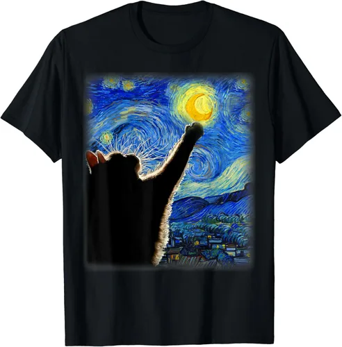 Camiseta de gato de noche estrellada gato Van Gogh amante de los gatos mamá de gato papá y gato Negro -