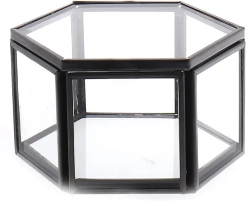 Joyero de cristal vintage, caja de cristal hexagonal negra, caja de recuerdo para almacenamiento de anillos, aretes, baratijas, organizador de joyas