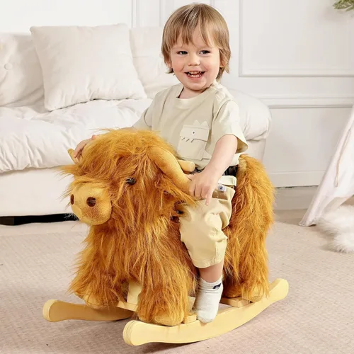 Miniatura 2 de Caballo mecedora bebé, caballo de madera de ganado Highlander para niños de 1 año lindo vaca de peluche suave cabalgadura juguete mecedora animal