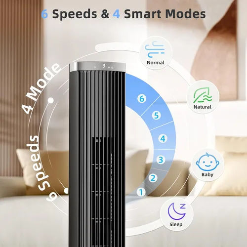 Miniatura 2 de COWSAR Ventilador de torre con control remoto, 6 velocidades, 4 modos, temporizador de 24 horas, oscilación de 60° para dormitorio, oficina, cocina