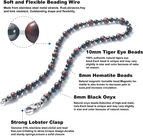 Miniatura 2 de WESTMIAJW Collar de cuentas de ónix magnético para hombre, hematita, ojo de tigre, cadena de piedras preciosas naturales, 50607029.5 in
