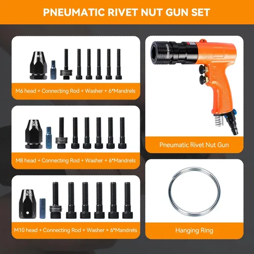 Miniatura 2 de Kit de herramientas de tuerca remachadora neumática métrica, pistola de remache de aire con mandriles M6, M8 y M10