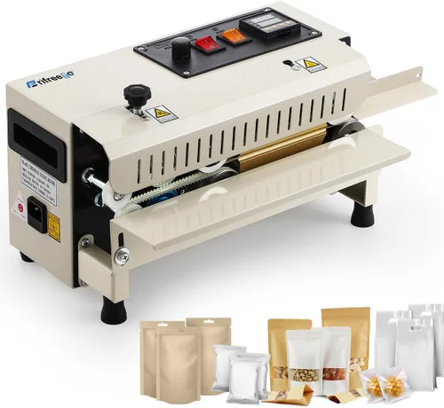 Máquina selladora térmica comercial, sellador automático de banda continua, temperatura y velocidad ajustable, máquina de sellado horizontal de Beige