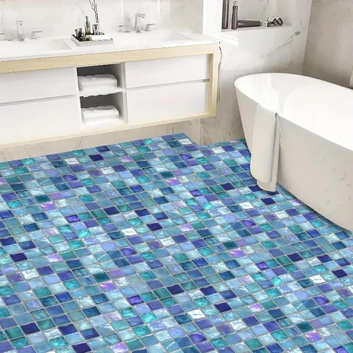 Miniatura 5 de Baldosas de Piso Despegar y Pegar 12x12 Pulgadas Patrón de Mosaico de Vidrio Azul Morado Piso de Vinilo Autoadhesivo Tablones Cuadrados para Cocina