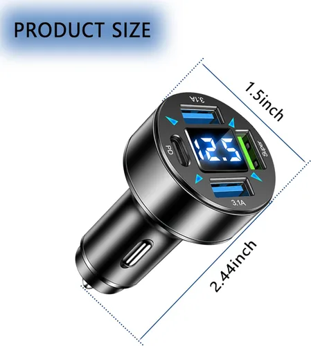 Miniatura 2 de Cargador de Coche Rápido, Cargador USB de 4 Puertos con Encendedor de Cigarrillos y Voltímetro LED, Adaptador de Cargador de Coche PD3.1/Super Port