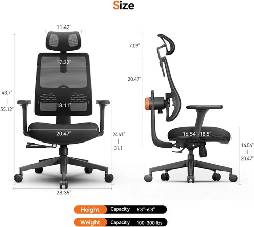 Miniatura 3 de Newtral Silla de oficina ergonómica con soporte lumbar adaptable, silla de escritorio con respaldo alto con reposacabezas ajustable, reposabrazos