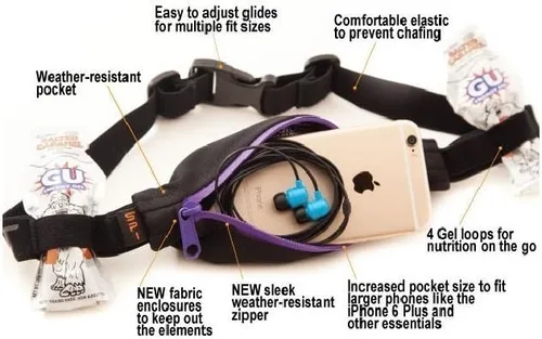 SPIbelt Cinturón de correr de rendimiento para adultos, bolsillo expandible, trabillas de gel energético, cintura ajustable, sin rebote, negro con
