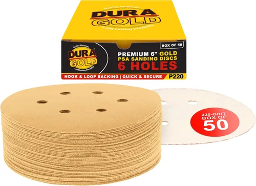 Miniatura 12 de Dura-Gold Premium 80, 120, 220, 320, 400 discos de papel de lija dorados de 6 pulgadas, patrón de 6 agujeros, sin polvo, 10 cada uno, 50 en total