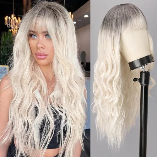 Miniatura 6 de ORSUNCER - Pelucas largas y onduladas con flequillo para mujer, peluca ombré, cabello sintético ondulado, para mujeres de piel oscura y blanca