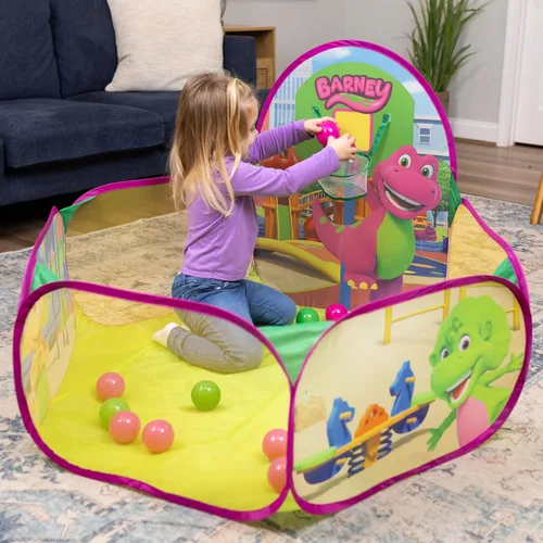 Miniatura 2 de Barney Zona de juegos desplegable, pozo de pelotas con 25 pelotas de juego y aro de baloncesto, niños mayores de 2 años