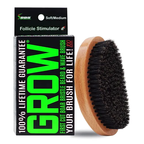 GROW - Cepillo para barba y cepillo de ondas 360 para hombres, cerdas de jabalí naturales para cabello más completo y grueso, barba y bigote, tamaño