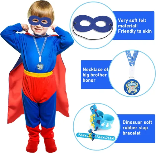 Miniatura 4 de Golray Juego de regalos de Super Big Brother con capa de superhéroe, máscara de ojos de dinosaurio, collar y pulseras con cordón, llavero de felpa