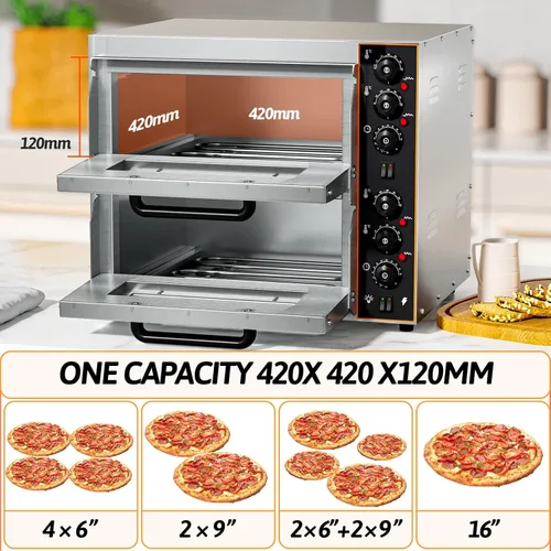 Miniatura 2 de Horno de pizza comercial Horno eléctrico de doble capa para pizza de 16 pulgadas con piedra de pizza multiusos, tostadora para hornear, capacidad