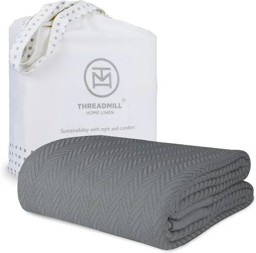 Miniatura 11 de Threadmill Home - Manta de lino de tamaño King, 100% algodón, color blanco, con diseño espiga., Algodón, Plateado, gemelo Gris claro