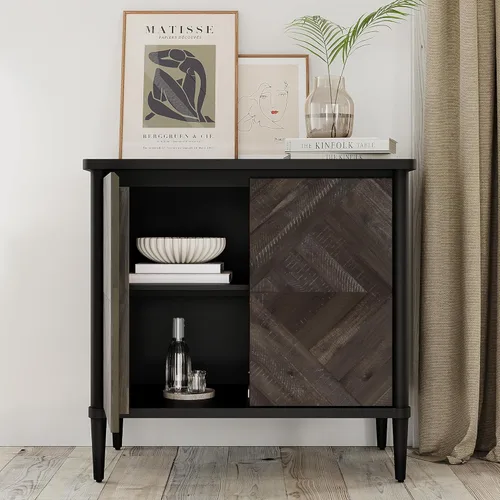 Miniatura 7 de Howizz Lenia - Aparador de madera maciza con almacenamiento, puertas con patrón de diamante cheurón, armario rústico moderno de mediados de siglo