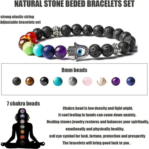 Miniatura 2 de BOMAIL Juego de 2 a 9 pulseras de mal de ojo Hamsa con piedras preciosas de lava de 7 chakras, pulseras de piedras de lava con dije de Hamsa de ojo
