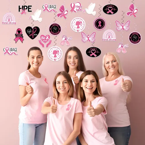 Miniatura 7 de 60 piezas de remolinos de fiesta de concientización sobre el cáncer de mama, cinta rosa, remolinos colgantes, esperanza, fuerza, coraje, fe, negro