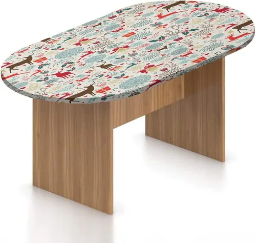 Miniatura 25 de XISUNYA Mantel ovalado ajustable de poliéster elástico para Navidad, mantel ajustable con estampado de villancicos nevados, se adapta a mesas