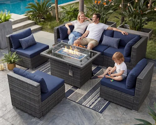 Miniatura 53 de NICESOUL Juego de muebles de patio para exteriores de 7 piezas con mesa para hoguera, gas natural y propano convertible, respaldo alto de 29.3