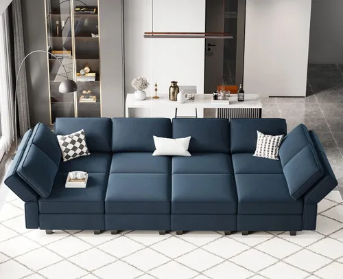 Miniatura 19 de Belffin - Sofá cama modular con otomanas, de terciopelo, reversible y con asiento con almacenamiento, color azul
