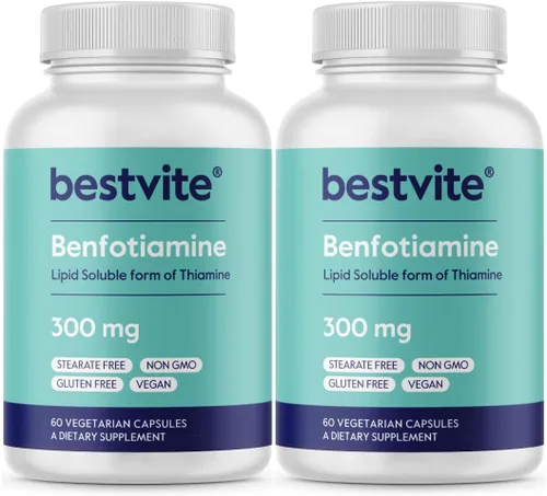 Benfotiamina 300 mg (120 cápsulas vegetarianas) (paquete de 2) sin estearatos, sin dióxido de silicio, vegano, sin OMG, sin gluten