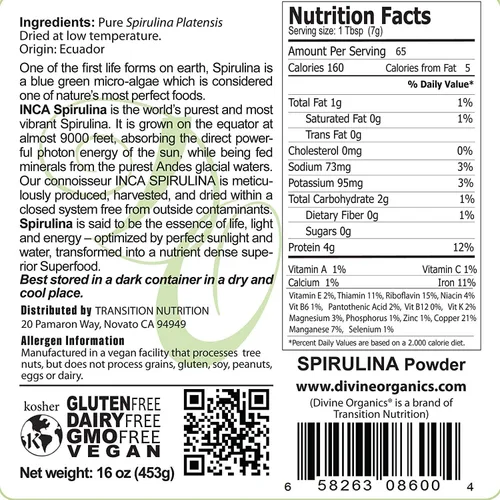 Miniatura 3 de Transition Nutrition Spirulina en polvo (Inca) Raw Andes Mountains - Vegana y sin gluten - Cruda y orgánica (16 onzas)