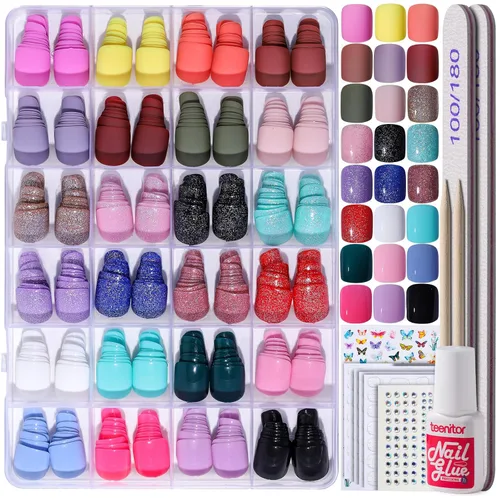 Miniatura 14 de Teenitor 24 paquetes de uñas postizas cortas a presión, 576 piezas de uñas postizas redondas a presión, uñas postizas cortas mate y brillantes