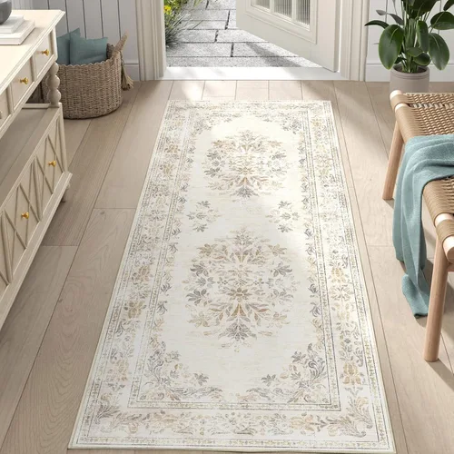 Miniatura 166 de Jinchan Fiora - Alfombra redonda de 8 pies, alfombras vintage con diseño floral envejecido, lavable a máquina, antideslizante, de pelo bajo, Azul