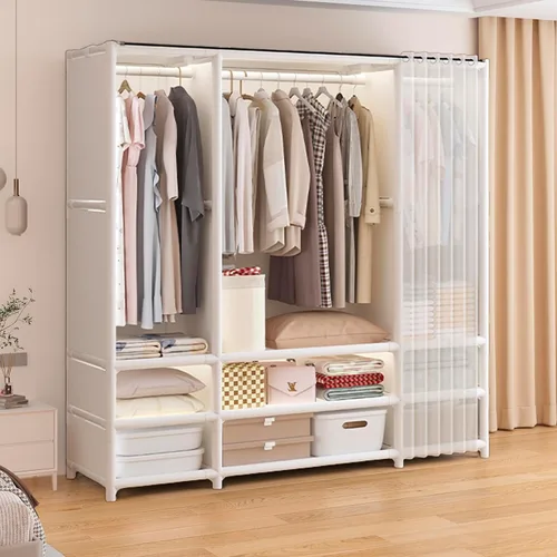 Miniatura 3 de Armario portátil para colgar ropa, armario de estilo japonés, perchero con 3 varillas para colgar, 9 estantes de almacenamiento, 56.2 pulgadas