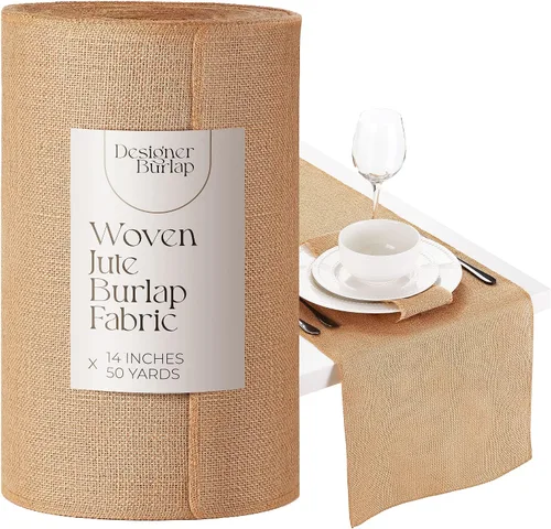 Rollo centro de mesa Burlap - 14 pulgadas de ancho x 50 yardas de largo No se deshilacha con bordes acabados Rollo de tela Burlap para bodas, centro