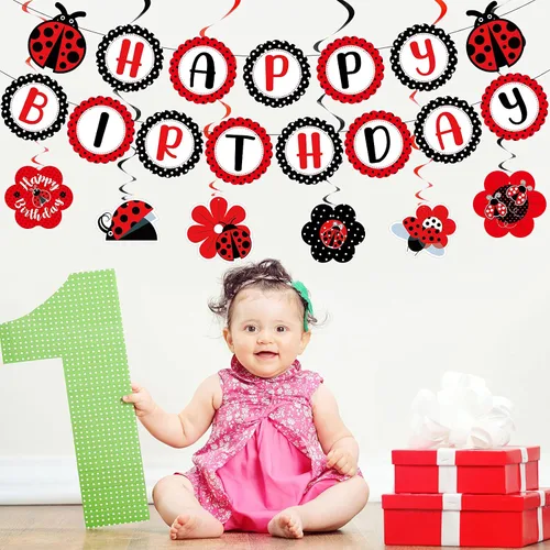 Miniatura 7 de Juego de 28 piezas de decoración de fiesta de cumpleaños de mariquita, lindo cartel de cumpleaños de mariquita, panal de abeja, centro de mesa