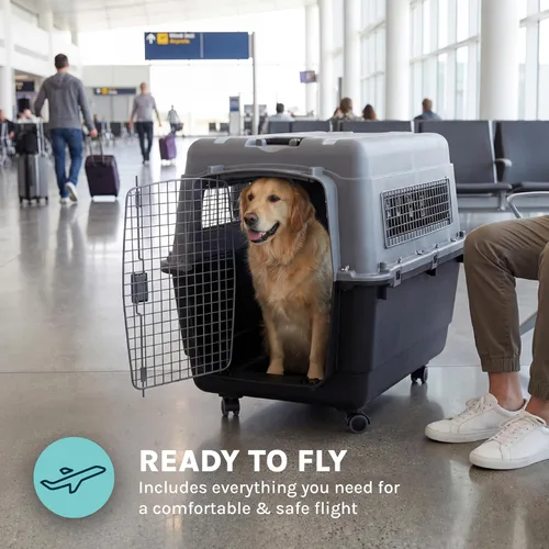 Miniatura 5 de SportPet - Jaula de viaje para perros con puerta de alambre aprobada por aerolíneas, de plástico duradero con ruedas extraíbles, plegable, cuencos
