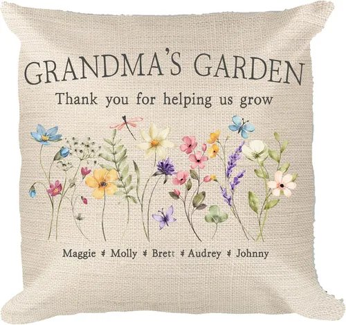 Miniatura 2 de Almohada personalizada con diseño de flores silvestres del jardín de la abuela con nombres de nietos, regalo de apellido familiar, perfecta
