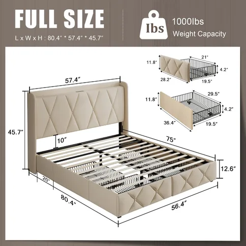 Miniatura 2 de Einhomn Marco de cama de tamaño completo con 4 cajones de almacenamiento y estación de carga, marco de cama plataforma tapizada con cabecera de Beige