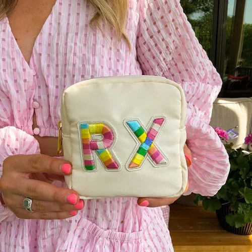 Miniatura 3 de uekeboag Bolsa Cosmética Personalizada Pequeña de Nylon, Linda Bolsa de Medicamentos con Parche de Letras de Chenilla y Cremallera, Bolsa de Viaje
