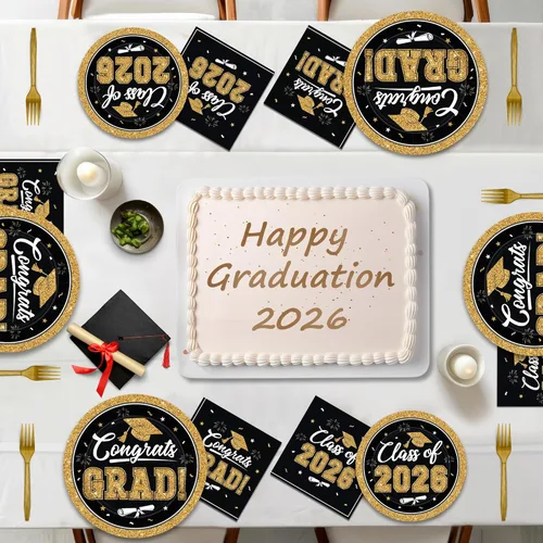 Miniatura 6 de QZYL 200 suministros para fiesta de graduación 2026, platos y servilletas de graduación negros y dorados, platos de postre desechables y tenedores