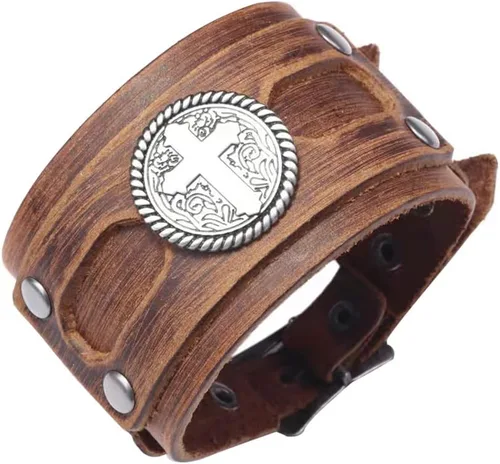 Miniatura 6 de NIGHTCRUZ Pulsera ancha de cuero con cruz, brazalete de puño de cuero medieval para hombres