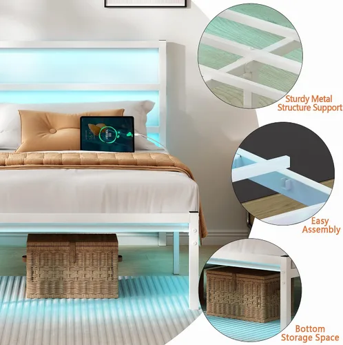 Miniatura 5 de CLIBFENG Base de cama individual con cabecero, soporte de listones de acero resistente, marco de cama LED con estación de carga USB, base de colchón