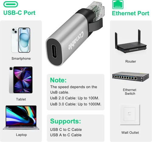 Miniatura 7 de USB C to Ethernet Adapter, Ethernet Male to USB-C Female Adapter, Type C to RJ45 Network Internet LAN Adapter, Directly Connected, Essential for