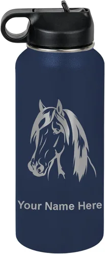 Miniatura 58 de LaserGram Botella de agua personalizada, cabeza de caballo 1, acero inoxidable de doble pared aislada al vacío con popote superior, regalo grabado