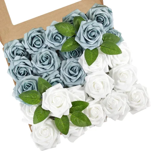Miniatura 10 de Flores artificiales, 25 piezas, rosa artificial azul bebé para ramos de boda, centros de mesa, arreglos, flor falsa con tallos para decoración