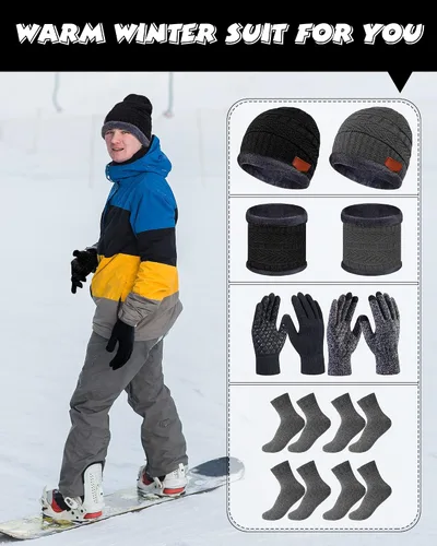 Miniatura 5 de 8 piezas de gorro de invierno, bufanda, guantes de pantalla táctil y juego de calcetines de punto holgado, gorro de calavera con forro polar