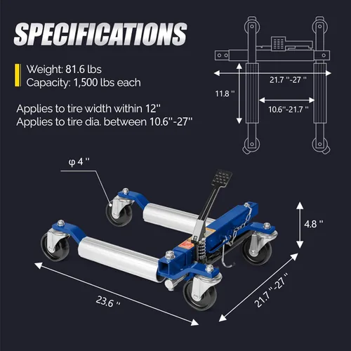 Miniatura 5 de TUFFIOM Juego de 2 gatos para ruedas de automóvil, patines hidráulicos de 1500 libras, gato de posicionamiento de vehículo de 12 pulgadas, rodillos