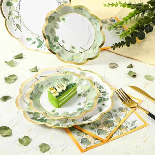 Miniatura 3 de Tanlade 96 unidades de platos y servilletas para fiestas temáticas de eucalipto verde salvia, sirven 24, platos llanos desechables de papel