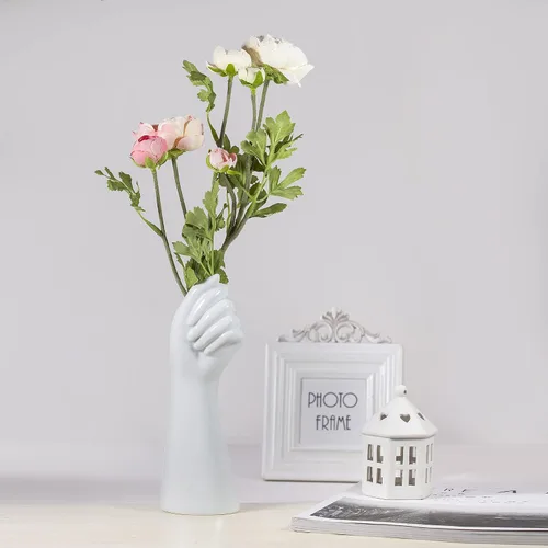 Miniatura 2 de Jarrón de mano de cerámica de cuerpo humano, con forma de brazo, pequeño jarrón moderno estético decorativo de cerámica blanca para decoración